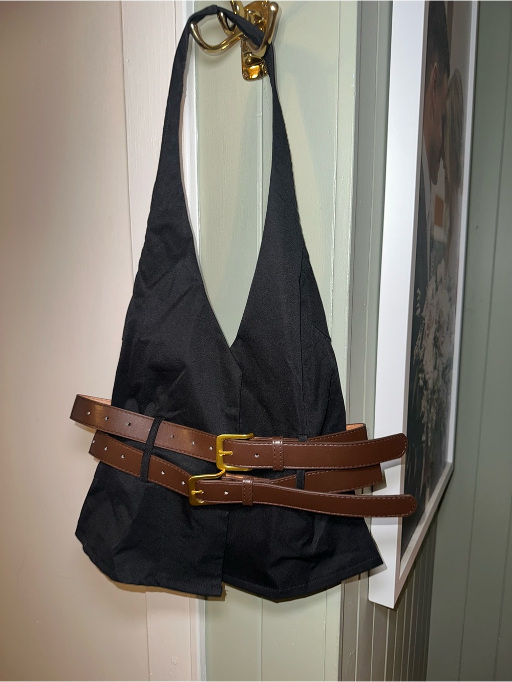 PrettyLittleThing Black Halterneck Top with Brown Belt Accents